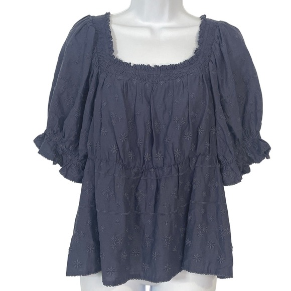 Old Navy Tops - Old Navy Womens Blouse Eyelet Smocked Puff Sleeve M Navy Cottagecore Boho Peplum
